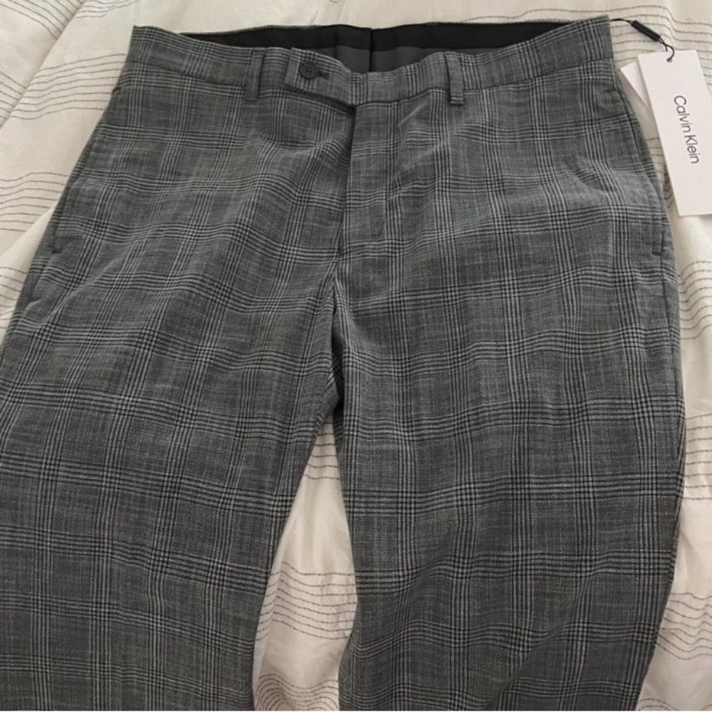 Calvin Klein Black Grey Plaid Tailored Slim Fit Dress Pants NEW 33 X 30